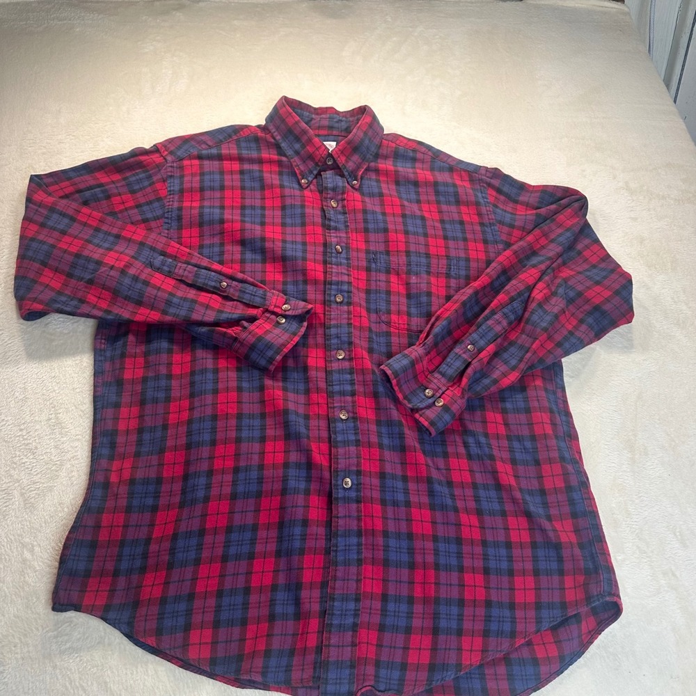 Brooks Brothers 346 Mens Red Navy Blue Plaid Cotton Flannel Button Down Shirt L